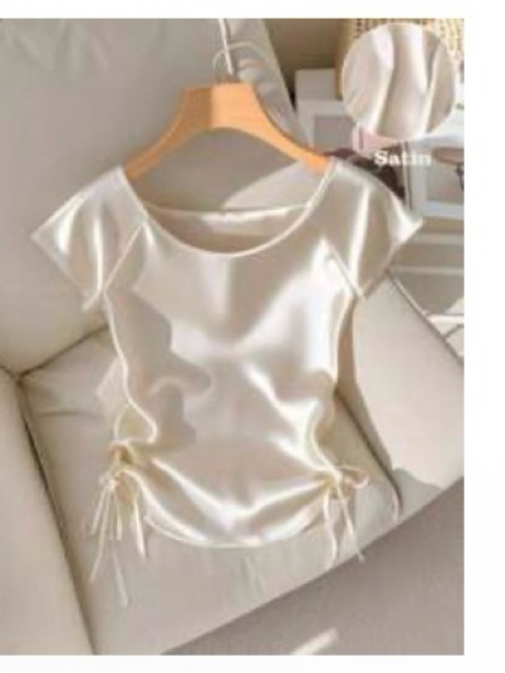 Satin Ivory Short-Sleeve Ruched Tie-Accent Top
